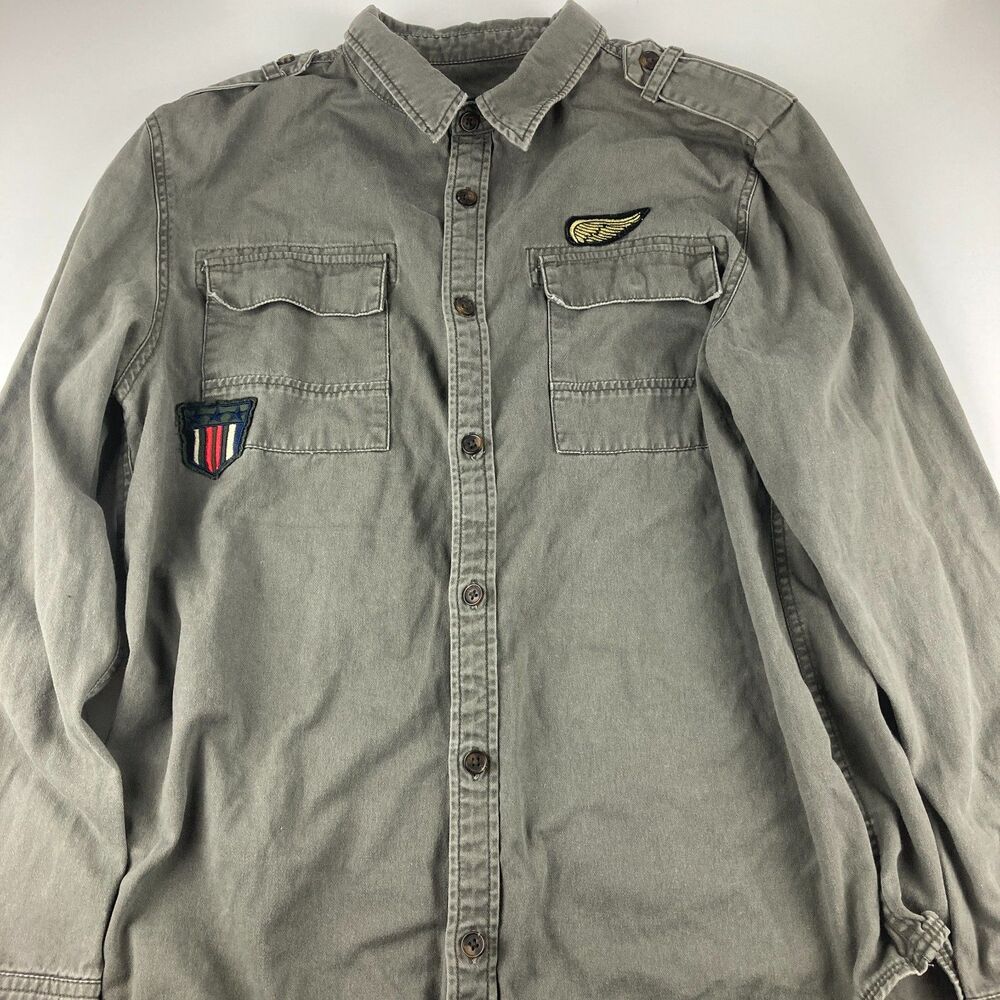 Carbon Men Large Military Shirt Gray Embroidered Patches Epaulets Utility